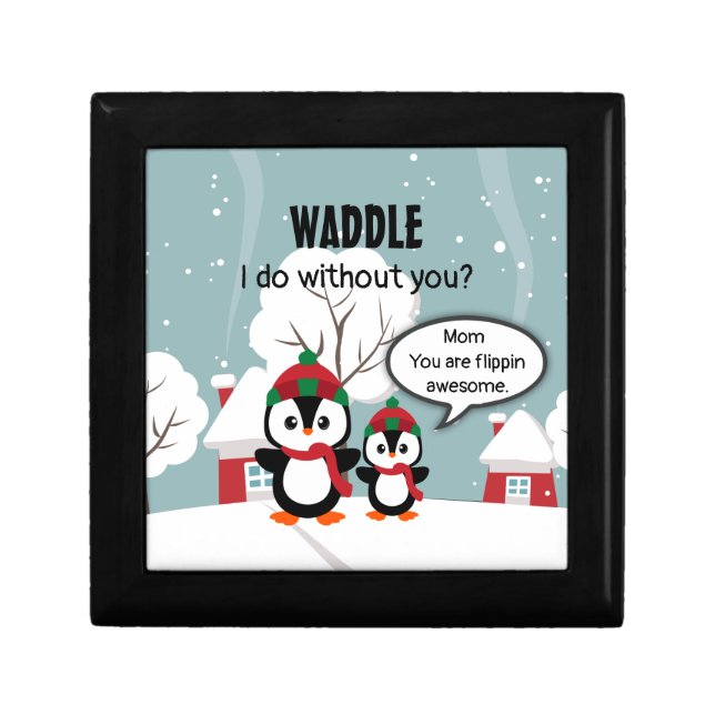 Cute Grey Baby Penguin In Winter Snow Gift Box (Front)