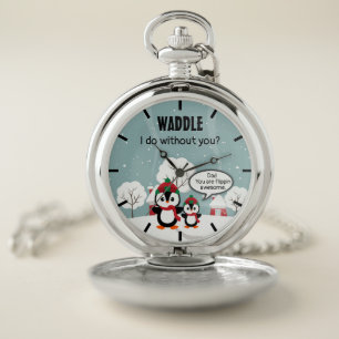 Cute Grey Baby Penguin In Winter Snow Pocket Watch