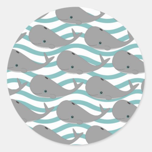 Cute Grey Baby Whale on the Waves Cartoon Classic Round Sticker