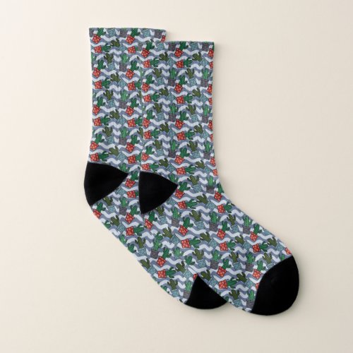 cute grey blue strip succulent pattern socks