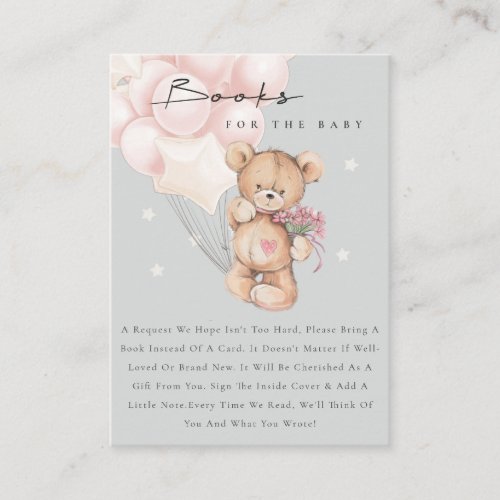 Cute Grey Blush Bear Balloon Books For Baby Shower Enclosure Card