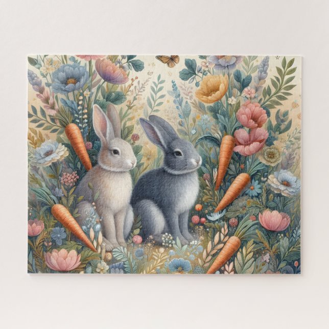 Cute Grey Bunnies With Carrots Jigsaw Puzzle (Horizontal)