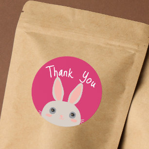 Cute Grey Bunny Thank You Pink Small Business Classic Round Sticker