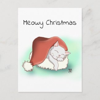 Cute Grey Cartoon Cat Sleeping in Santa Hat