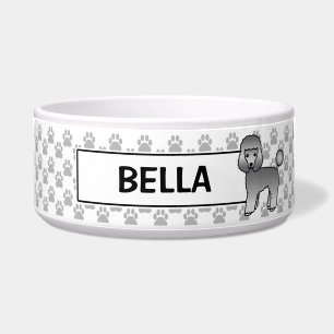 Cute Grey Cartoon Toy Poodle Dog And Dog's Name Bowl