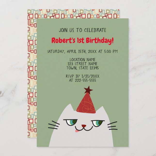 Cute Grey Cat 1st Birthday Invitation (Front/Back)