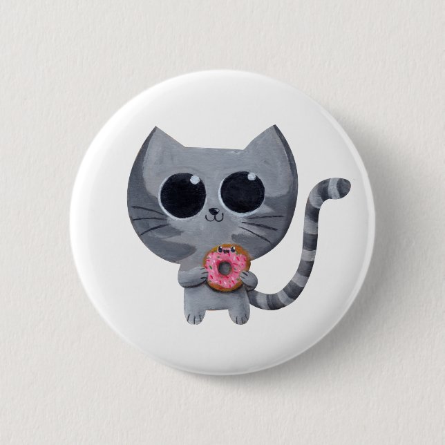 Cute Grey Cat and Donut Button (Front)