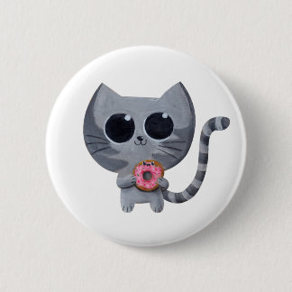Cute Grey Cat and Donut Button