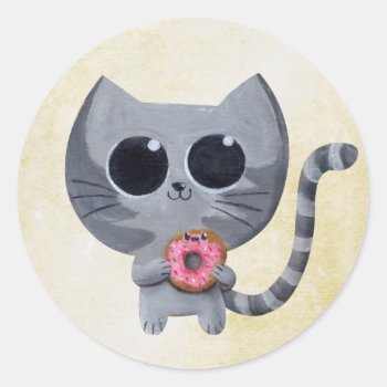 Cute Grey Cat And Donut Classic Round Sticker by colonelle at Zazzle