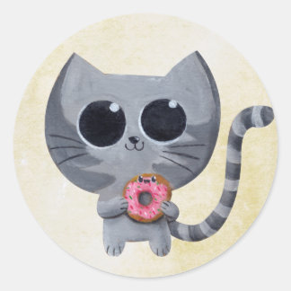 Cute Grey Cat and Donut Classic Round Sticker