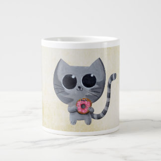 Cute Grey Cat and Donut Large Coffee Mug
