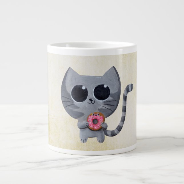 Cute Grey Cat and Donut Large Coffee Mug (Front)
