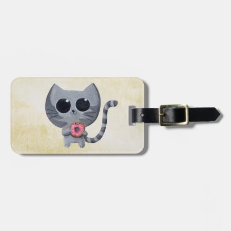Cute Grey Cat And Donut Luggage Tag