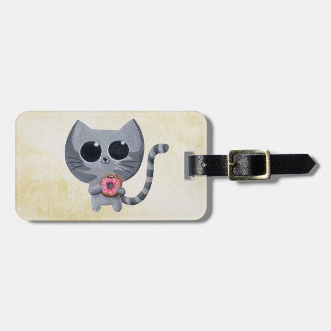 Cute Grey Cat and Donut Luggage Tag (Front Horizontal)