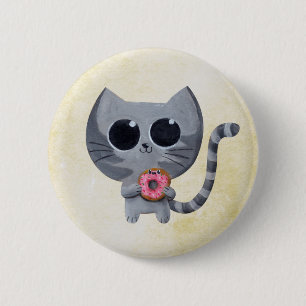 Cute Grey Cat and Donut Pinback Button