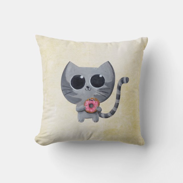 Cute Grey Cat and Donut Throw Pillow (Front)