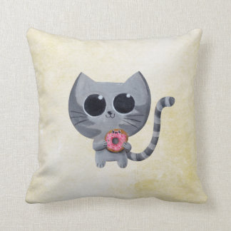 Cute Grey Cat and Donut Throw Pillow