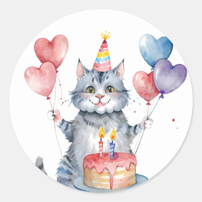 Cute Grey Cat Birthday Cake - Birthday Classic Round Sticker (Front)