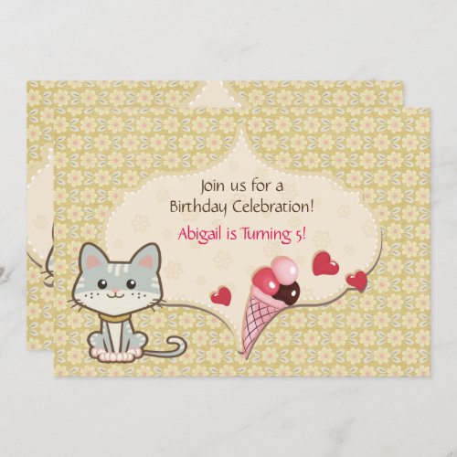 Cute Grey Cat Ice Cream and Flowers Birthday Invitation