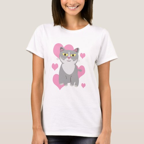 Cute Grey Cat Love Cartoon Pet Art Design T_Shirt