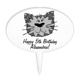 Cute Grey Cat Personalized Birthday Cupcake Pick