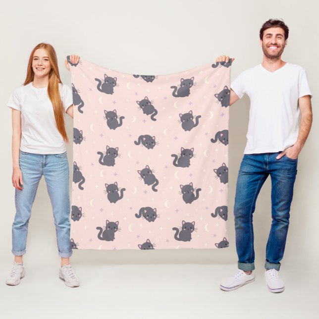Cute Grey Cat Pink Fleece Blanket (In Situ)