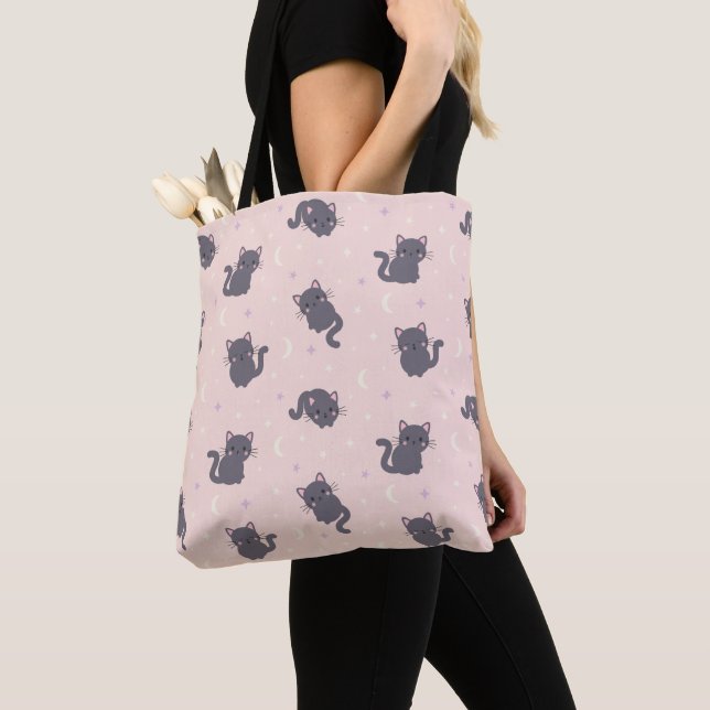 Cute Grey Cat Pink Tote Bag (Close Up)