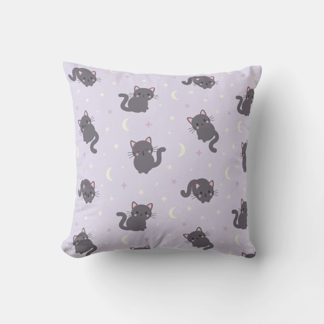 Cute Grey Cat Purple Throw Pillow (Front)