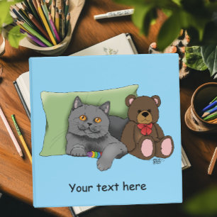 Cute Grey Cat Teddy Bear Funny Blue 3 Ring Binder