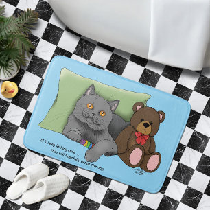 Cute Grey Cat Teddy Bear Funny Blue Bath Mat