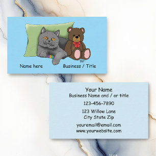 Cute Grey Cat Teddy Bear Funny Blue Business Card
