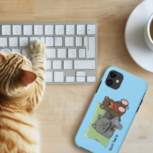 Cute Grey Cat Teddy Bear Funny Blue iPhone 11 Case
