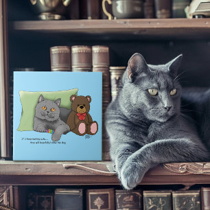 Cute Grey Cat Teddy Bear Funny Blue Ceramic Tile