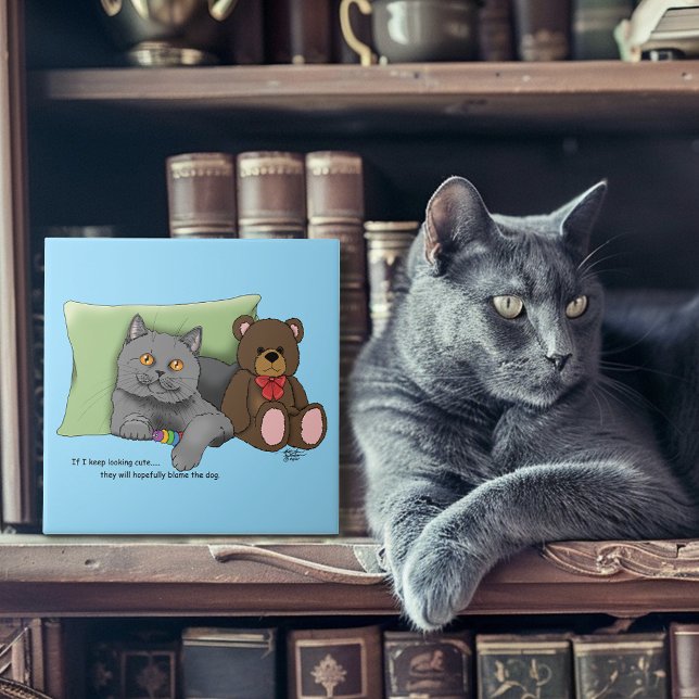 Cute Grey Cat Teddy Bear Funny Blue Ceramic Tile (Creator Uploaded)