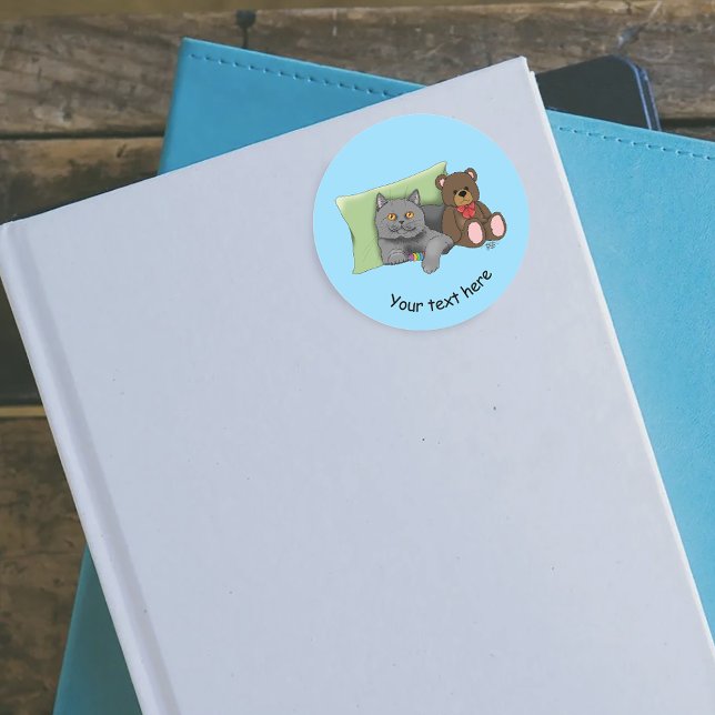 Cute Grey Cat Teddy Bear Funny Blue Classic Round Sticker (Creator Uploaded)