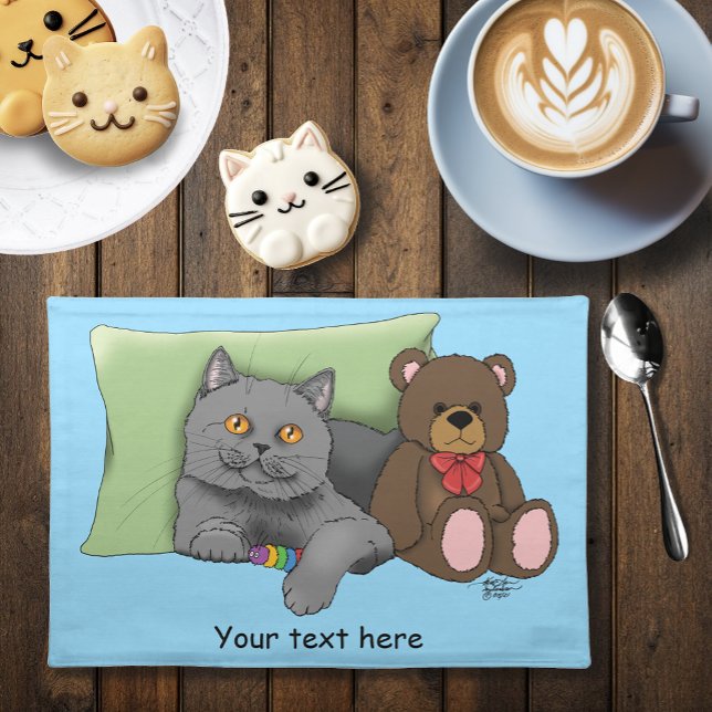 Cute Grey Cat Teddy Bear Funny Blue Cloth Placemat (Creator Uploaded)