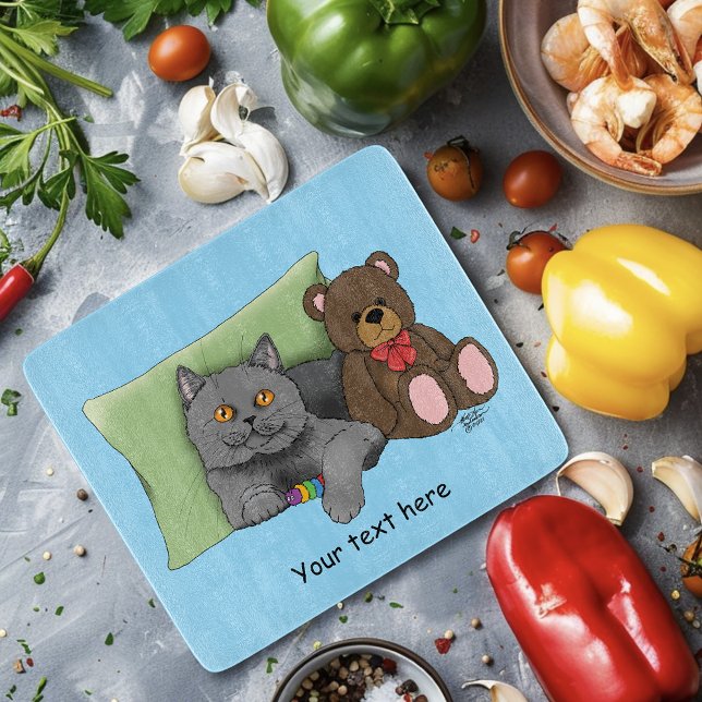 Cute Grey Cat Teddy Bear Funny Blue Cutting Board (Creator Uploaded)