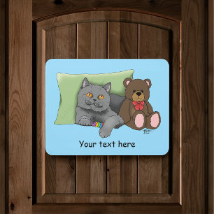 Cute Grey Cat Teddy Bear Funny Blue Door Sign