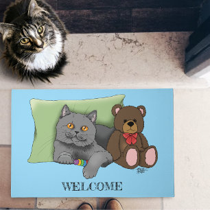 Cute Grey Cat Teddy Bear Funny Blue Doormat