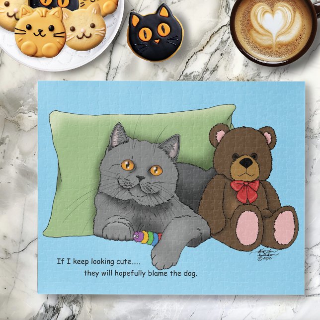 Cute Grey Cat Teddy Bear Funny Blue Jigsaw Puzzle (Creator Uploaded)