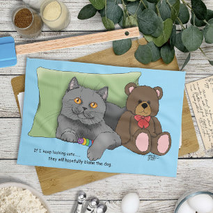 Cute Grey Cat Teddy Bear Funny Blue Kitchen Towel