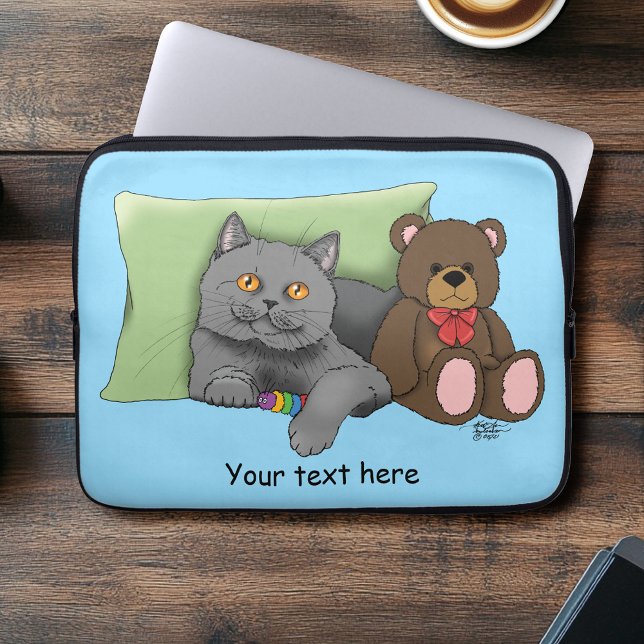 Cute Grey Cat Teddy Bear Funny Blue Laptop Sleeve (Creator Uploaded)