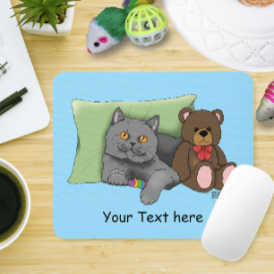 Cute Grey Cat Teddy Bear Funny Blue Mouse Pad