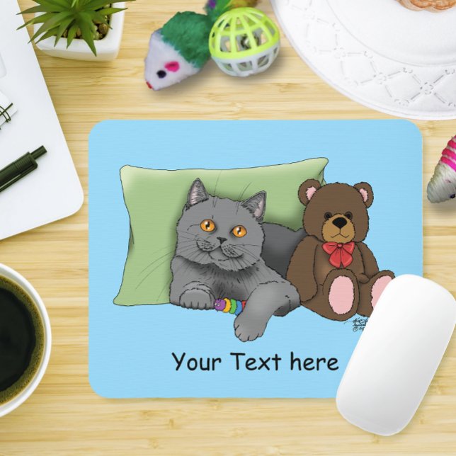 Cute Grey Cat Teddy Bear Funny Blue Mouse Pad (Creator Uploaded)