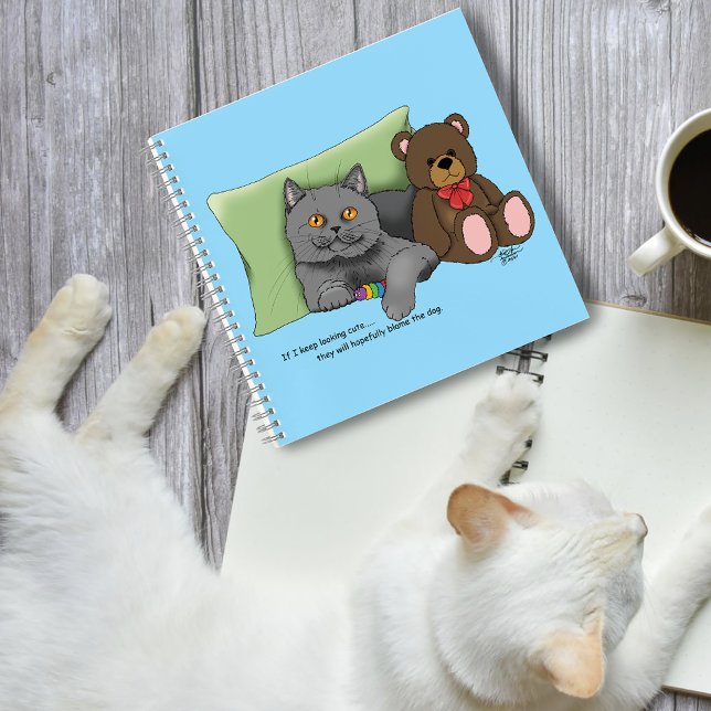 Cute Grey Cat Teddy Bear Funny Blue Notebook (Creator Uploaded)
