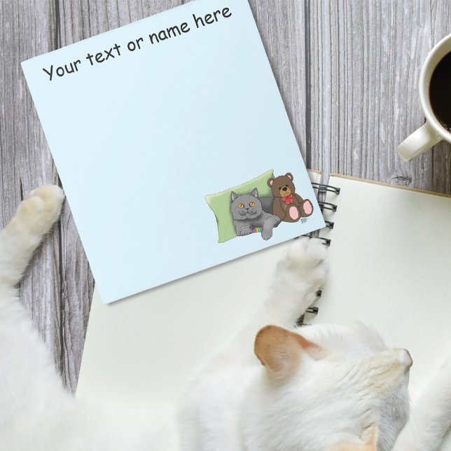 Cute Grey Cat Teddy Bear Funny Blue Notepad (Creator Uploaded)
