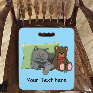 Cute Grey Cat Teddy Bear Funny Blue Seat Cushion