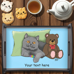 Cute Grey Cat Teddy Bear Funny Blue Serving Tray