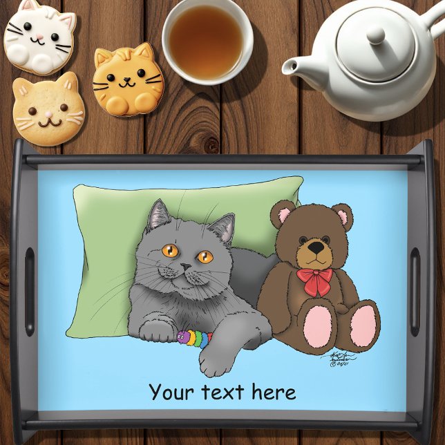 Cute Grey Cat Teddy Bear Funny Blue Serving Tray (Creator Uploaded)