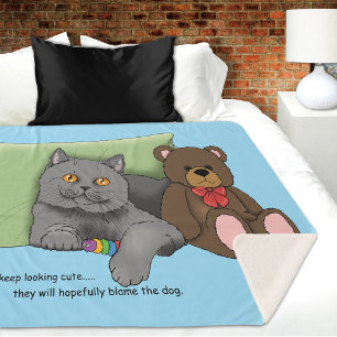 Cute Grey Cat Teddy Bear Funny Blue Sherpa Blanket